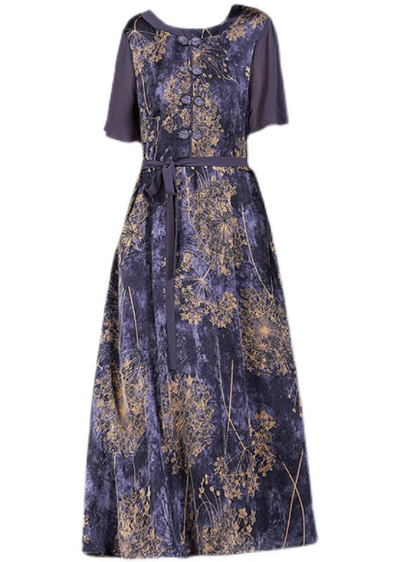 Purple O-neck Patchwork Tie Waist Print Silk Long Dress Short Sleeve