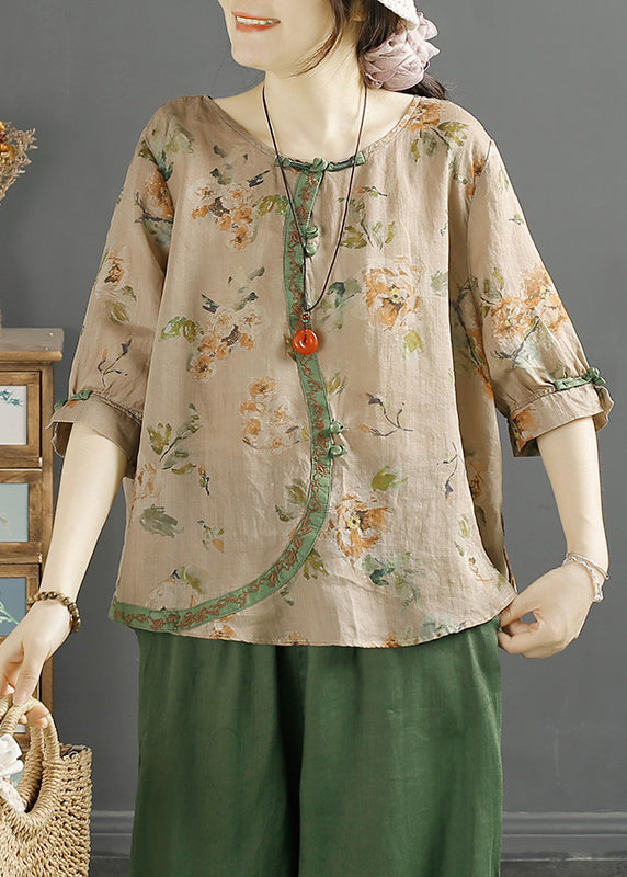 Purple O Neck Print Chinese Button Linen Blouse Tops Half Sleeve