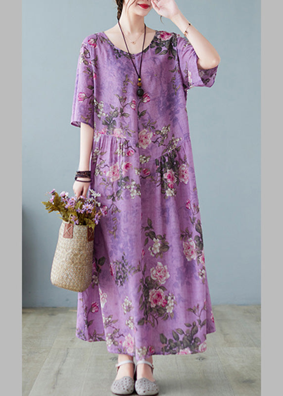 Purple O-neck Print Maxi Dress Summer
