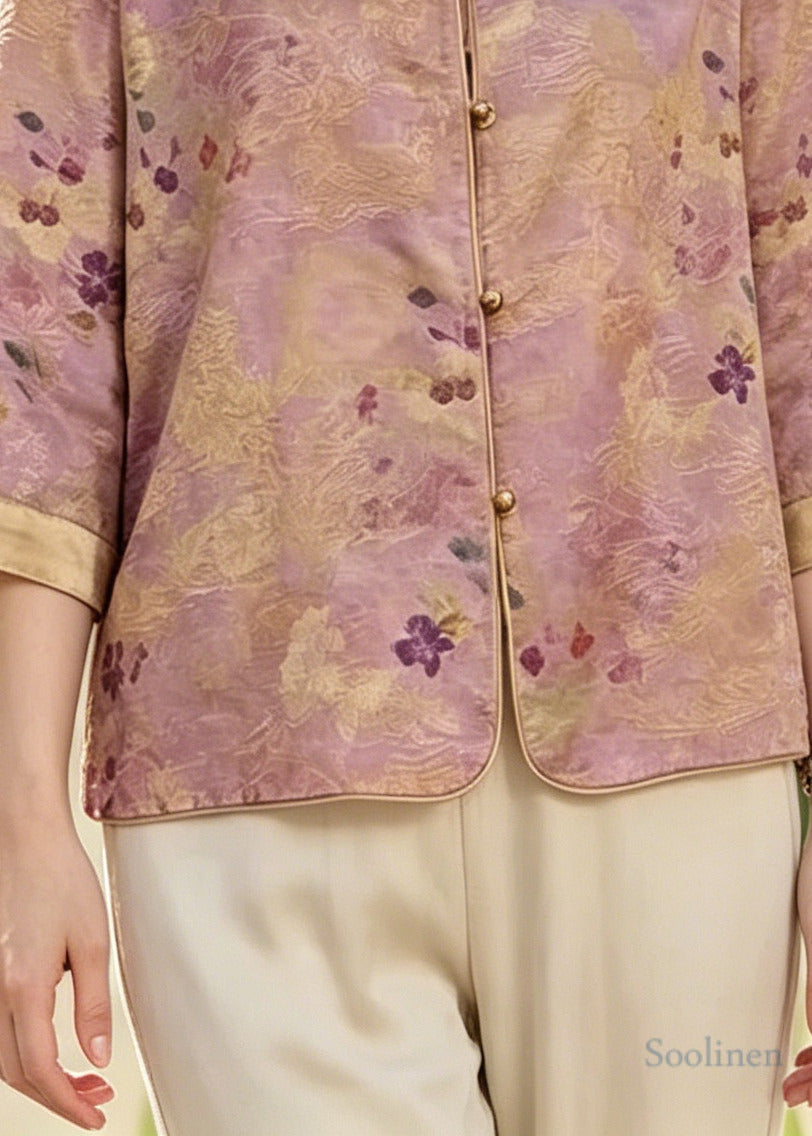 Purple O-neck Print Silk Shirt Top Bracelet Sleeve