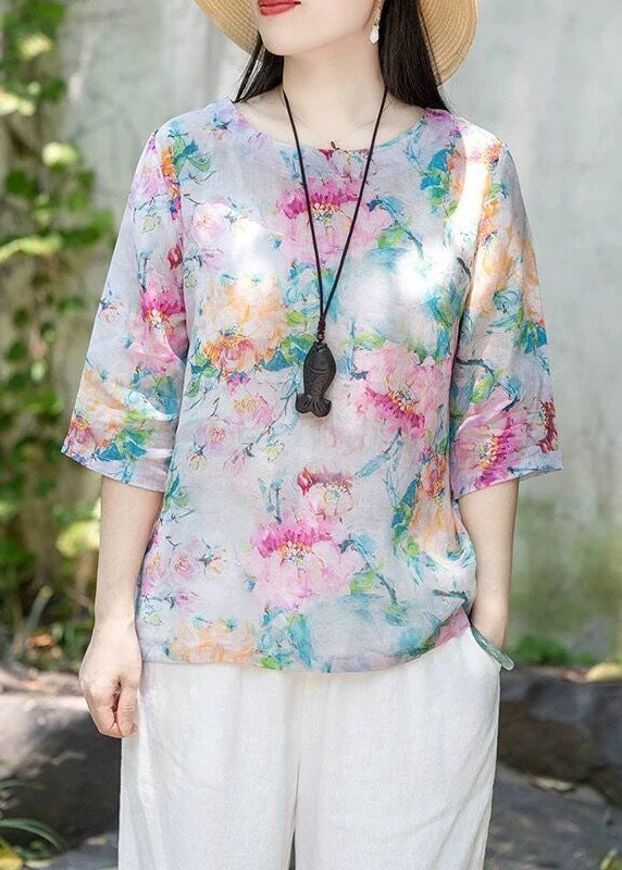 Purple O Neck Print Thin Linen T Shirt Tops Half Sleeve