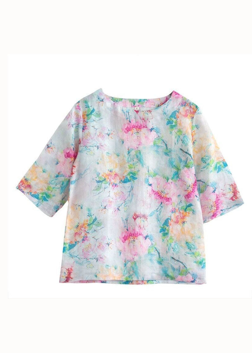 Purple O Neck Print Thin Linen T Shirt Tops Half Sleeve