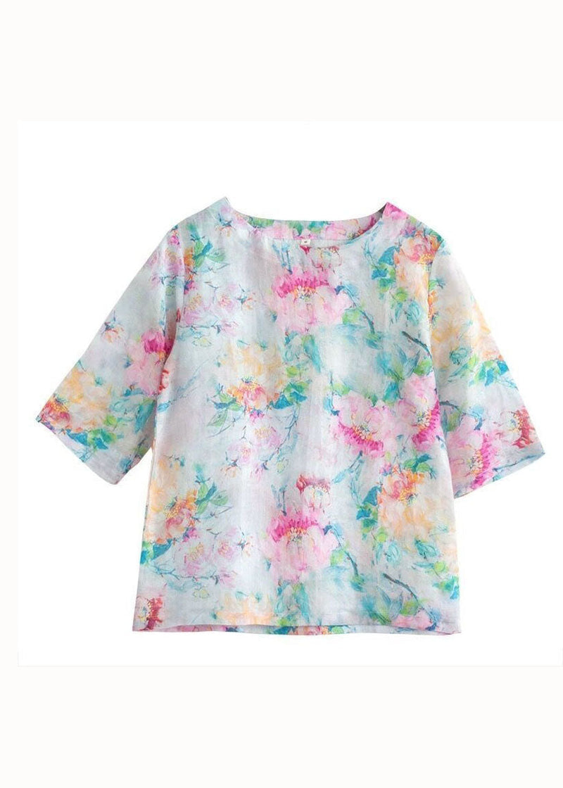 Purple O Neck Print Thin Linen T Shirt Tops Half Sleeve