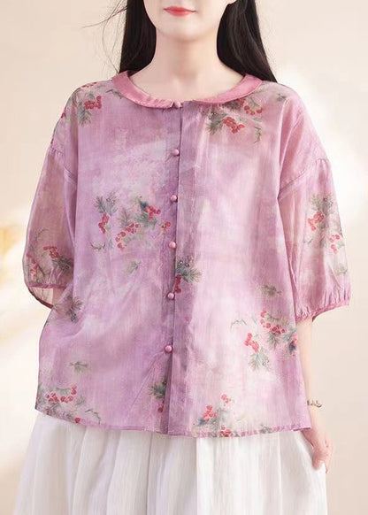 Purple Peter Pan Collar Print Patchwork Linen Shirt Tops Summer