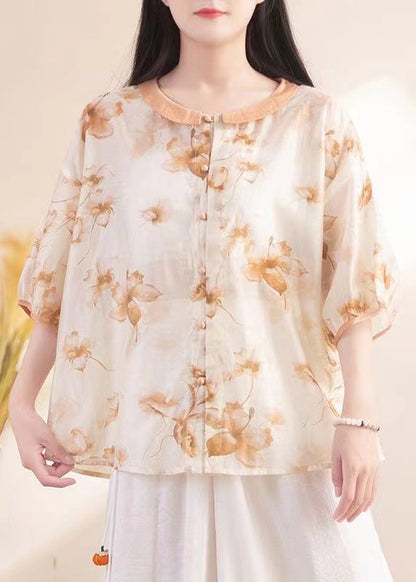 Purple Peter Pan Collar Print Patchwork Linen Shirt Tops Summer