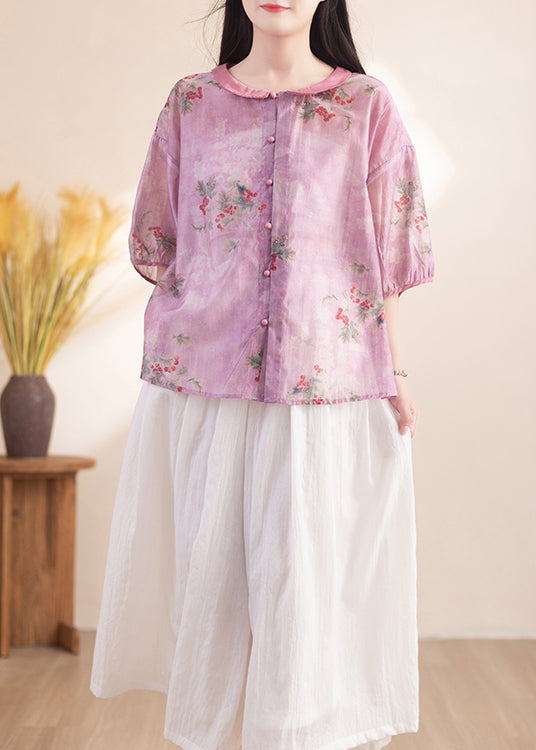 Purple Peter Pan Collar Print Patchwork Linen Shirt Tops Summer