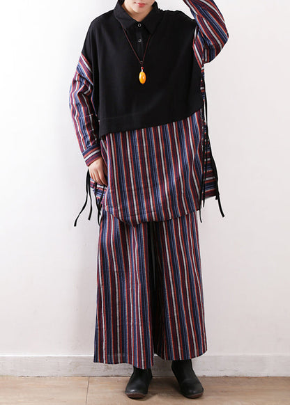 Purple Peter Pan Collar Striped Shirts and Pants Two Pieces Set Winter