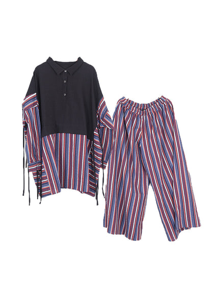 Purple Peter Pan Collar Striped Shirts and Pants Two Pieces Set Winter