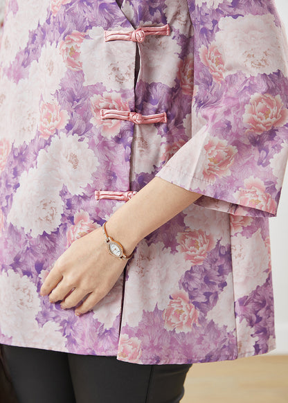 Purple Print Chinese Button Cotton Top Summer