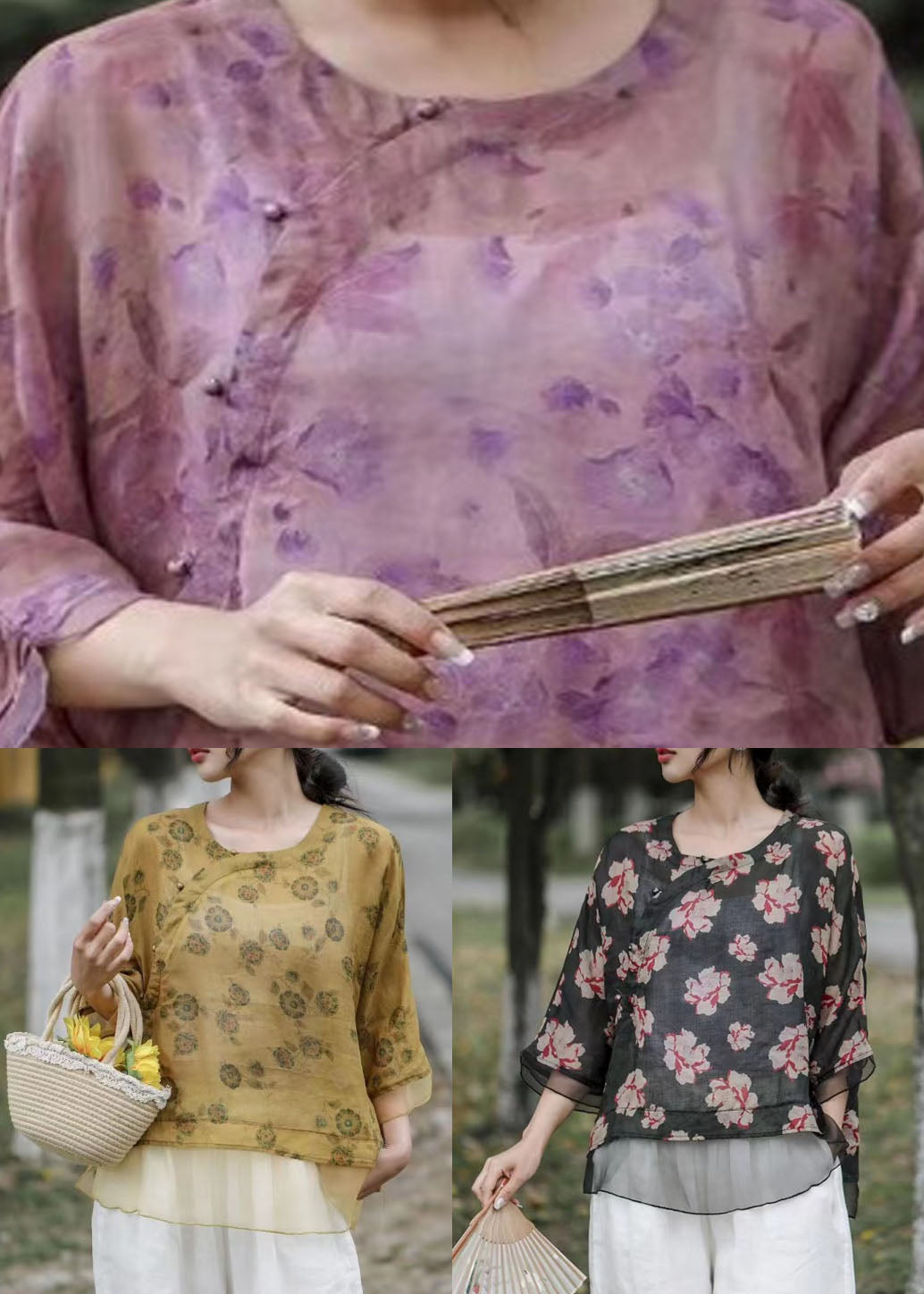 Purple Print Chinese Button Patchwork Linen Top Summer