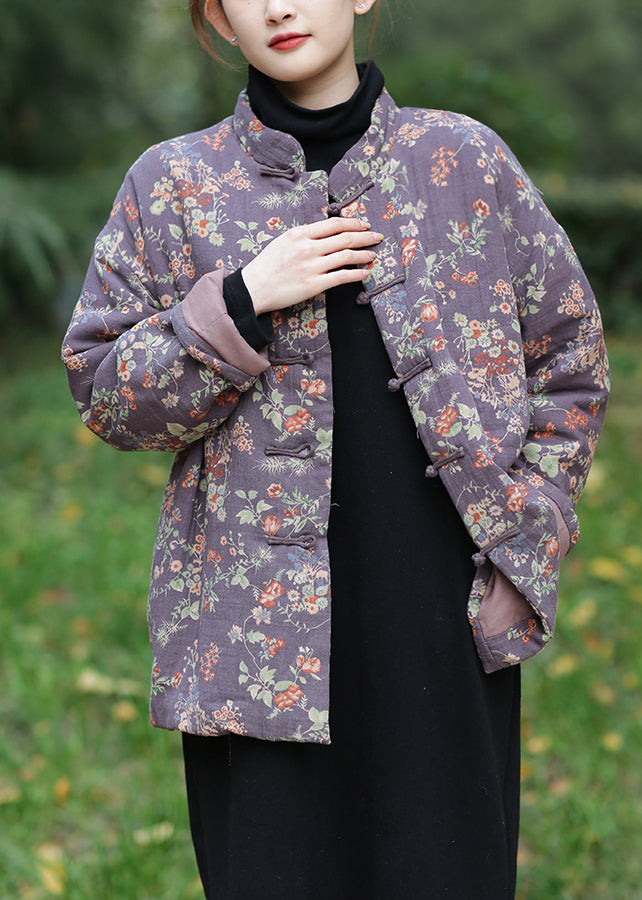 Purple Print Cotton Filled Parka Long Sleeve