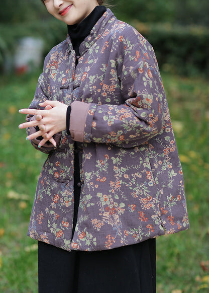 Purple Print Cotton Filled Parka Long Sleeve