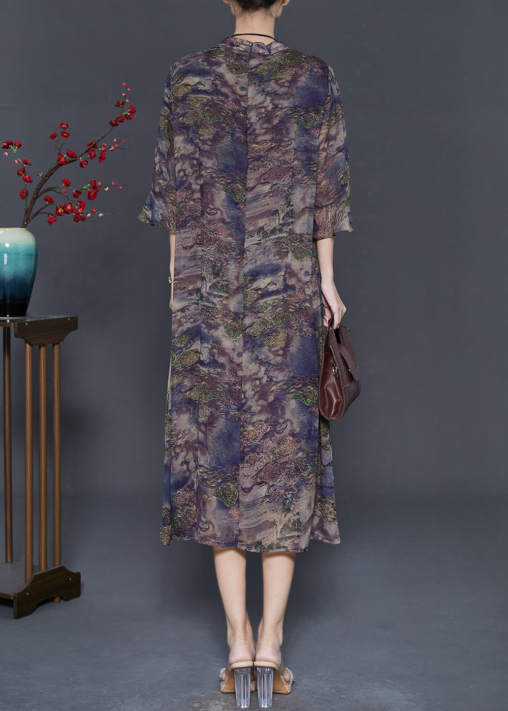 Purple Print Silk Fake Two Piece Dresses Bracelet Sleeve