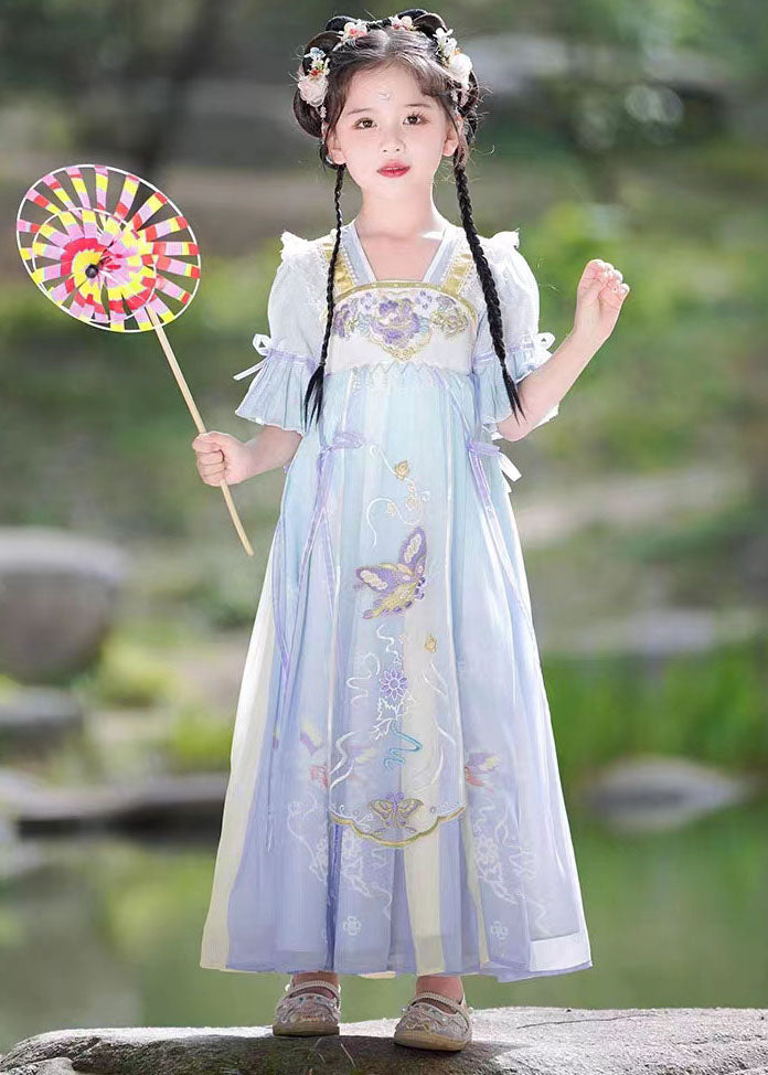 Purple Ruffled Embroideried Patchwork Chiffon Kids Dress Summer
