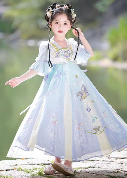 Purple Ruffled Embroideried Patchwork Chiffon Kids Dress Summer