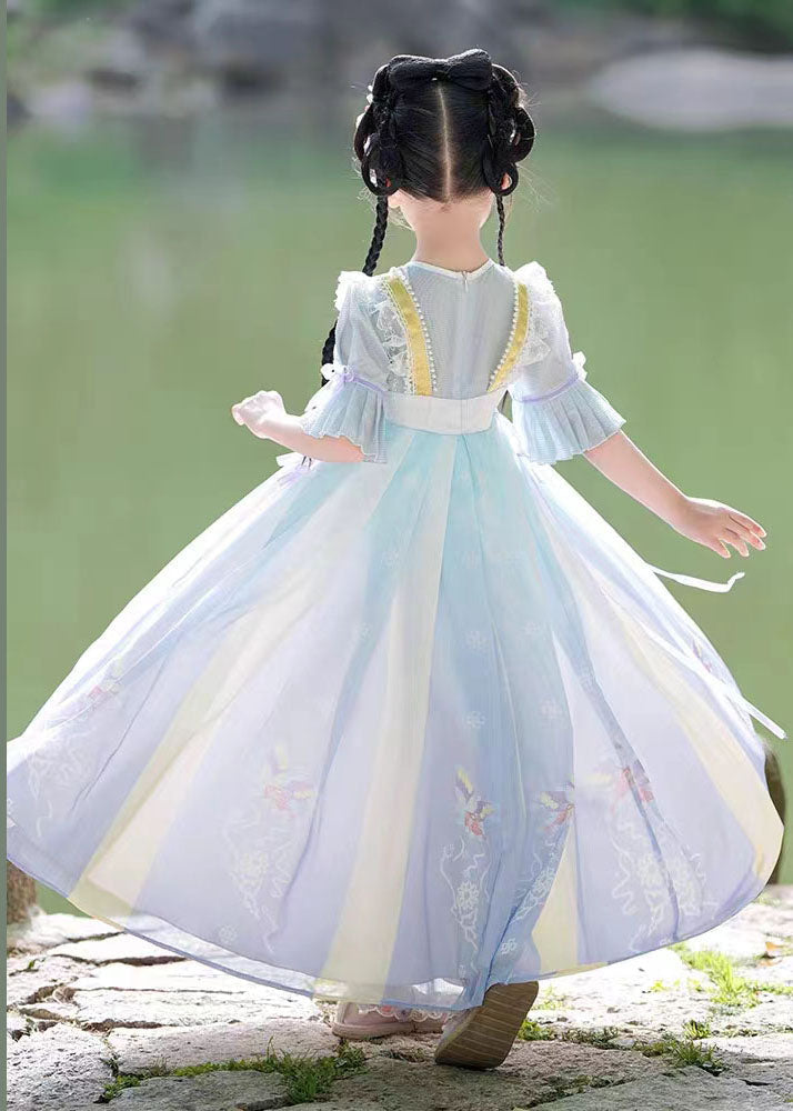 Purple Ruffled Embroideried Patchwork Chiffon Kids Dress Summer