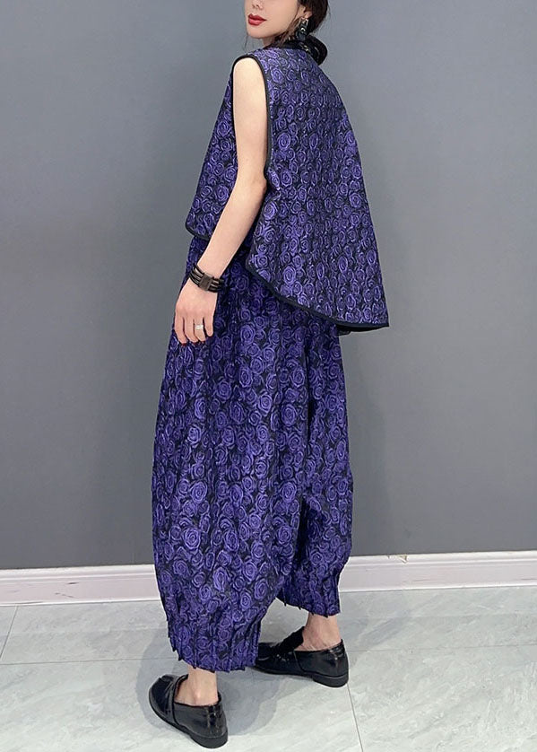 Purple Sleeveless Vest Tops and Pants Cotton Two Piece Set Clothing