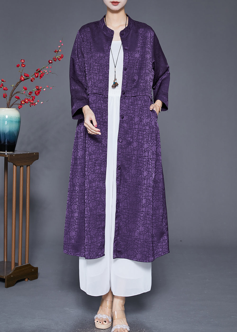 Purple Stand Collar Craquelure Silk Trench Coats Fall