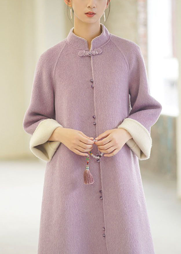 Purple Stand Collar Pockets Button Woolen Coats Winter