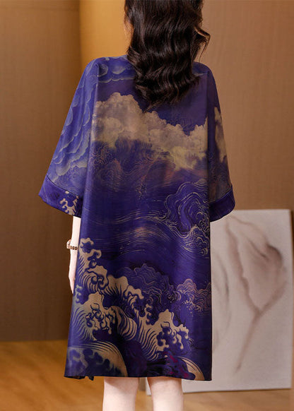 Purple Stand Collar Print Patchwork Silk Mid Dress Summer