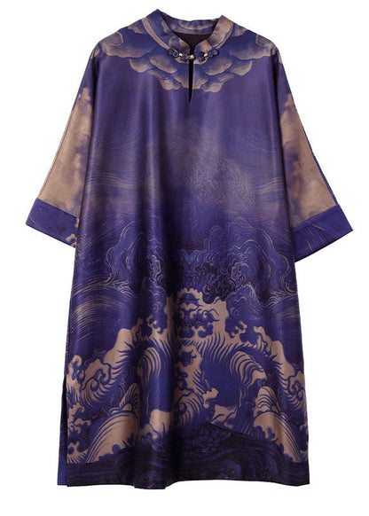 Purple Stand Collar Print Patchwork Silk Mid Dress Summer