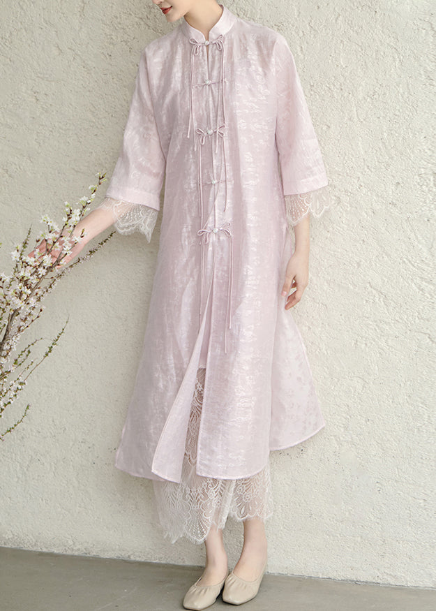 Purple Tasseled Chinese Button Lace Patchwork Silk Dress Fall