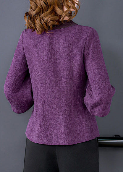 Vintage Purple V Neck Jacquard Patchwork Silk Shirts Bracelet Sleeve