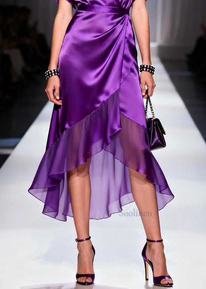 Purple V Neck Patchwork Chiffon Dresses Summer