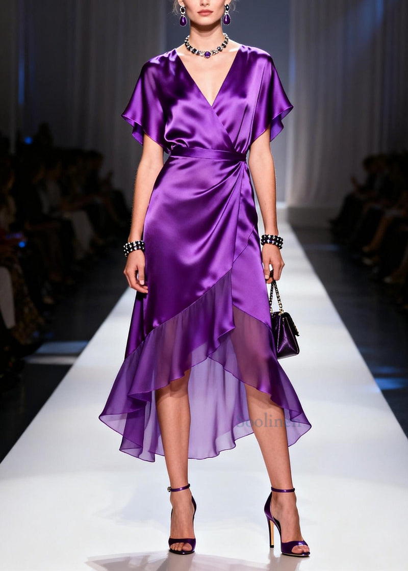 Purple V Neck Patchwork Chiffon Dresses Summer