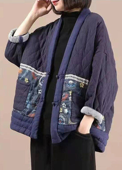 Purple V Neck Patchwork Print Fine Cotton Filled Parkas Winter