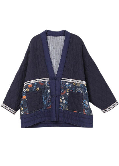 Purple V Neck Patchwork Print Fine Cotton Filled Parkas Winter