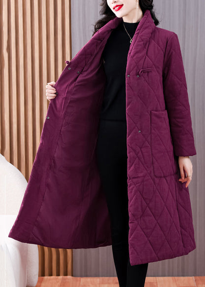 Purple V Neck Pockets Chinese Button Fine Cotton Filled Coat Winter