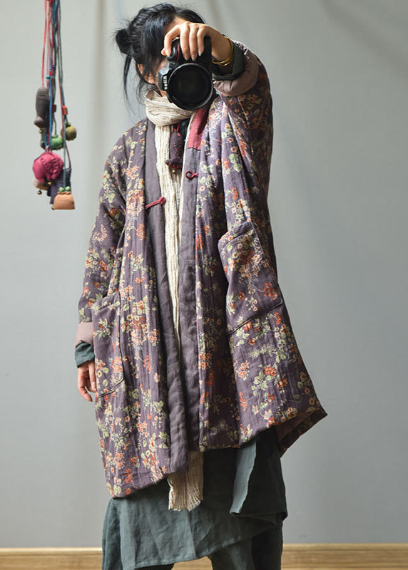 Purple V Neck Pockets Print Fine Cotton Filled Winter Coats