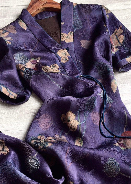 Purple V Neck Slim Fit Tassel Print Silk Dresses Short Sleeve