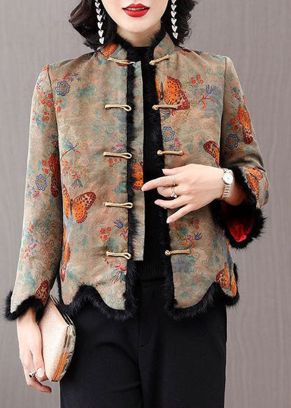 Rabbit Hair Collar Print Fine Cotton Filled Jackets Winter