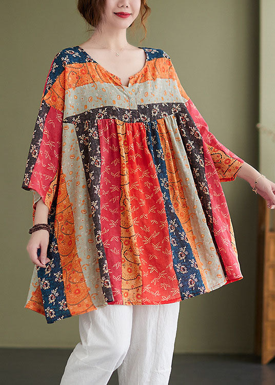 Rainbow V Neck Print Patchwork Fall Shirt Top Three Quarter Sleeve
