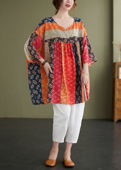 Rainbow V Neck Print Patchwork Fall Shirt Top Three Quarter Sleeve
