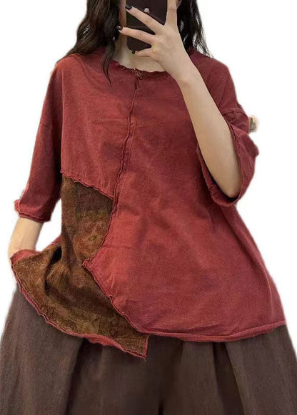 Red Asymmetrical Patchwork Cotton T Shirt Tops Summer