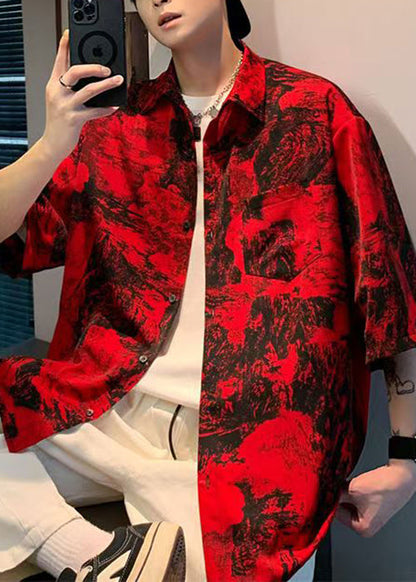 Red Button Print Pockets Cotton Shirts Half Sleeve