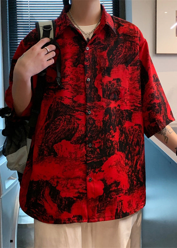 Red Button Print Pockets Cotton Shirts Half Sleeve