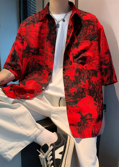 Red Button Print Pockets Cotton Shirts Half Sleeve