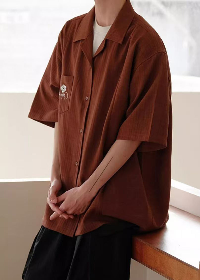 Red Button Cotton Shirts Peter Pan Collar Summer