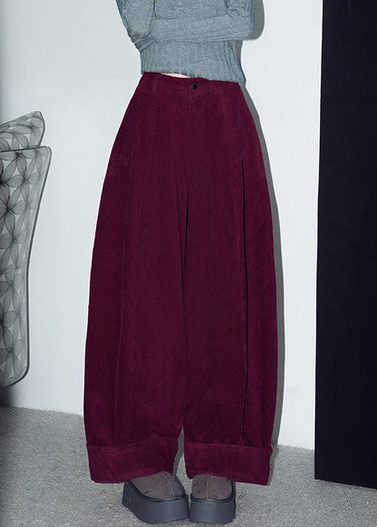 Red Button Warm Fleece Corduroy Wide Leg Pants Winter