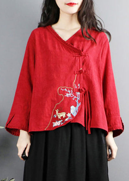 Vintage Red Embroidered Button Cotton Shirt Long Sleeve