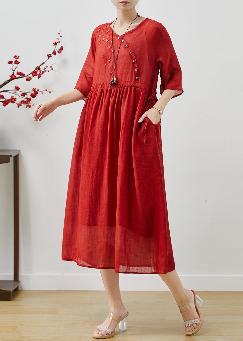 Red Embroidered Linen Cinched Dress Summer
