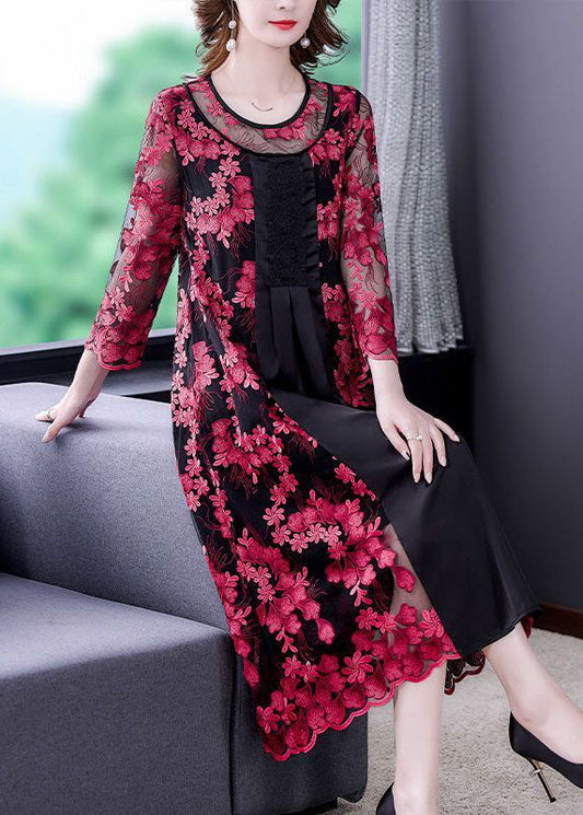 Red Embroideried Hollow Out Patchwork Tulle Dresses Bracelet Sleeve