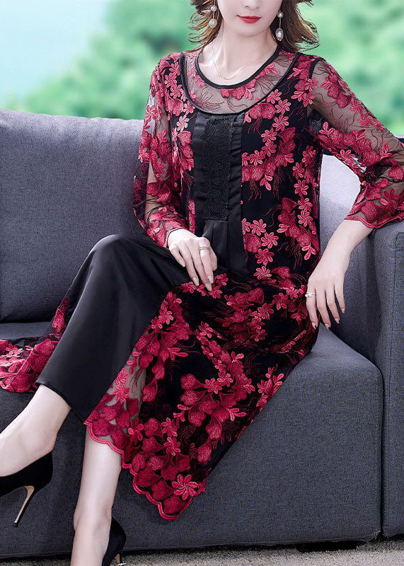 Red Embroideried Hollow Out Patchwork Tulle Dresses Bracelet Sleeve