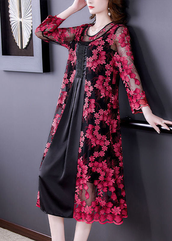 Red Embroideried Hollow Out Patchwork Tulle Dresses Bracelet Sleeve