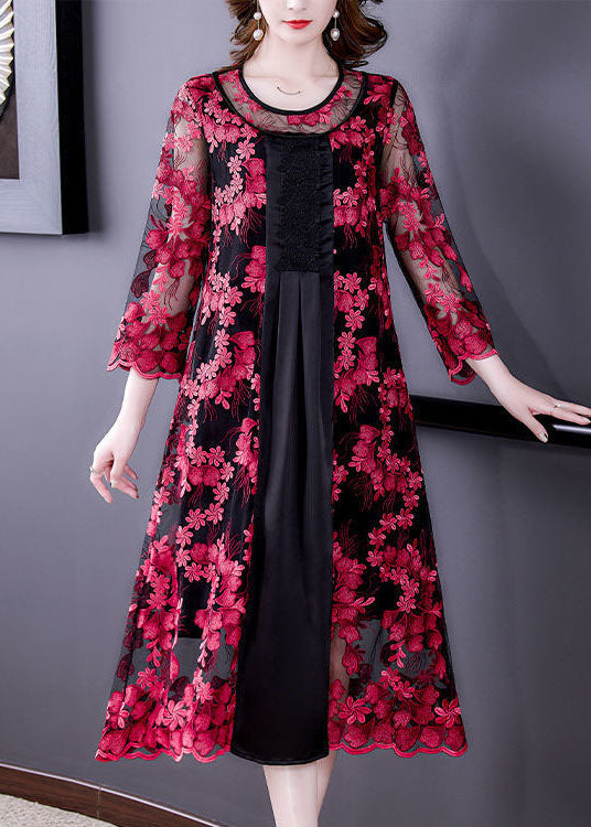 Red Embroideried Hollow Out Patchwork Tulle Dresses Bracelet Sleeve