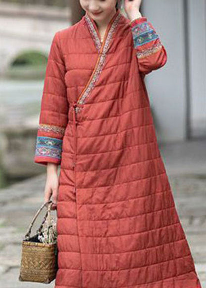 Red Embroideried Oriental Button Fine Cotton Filled Dress Winter